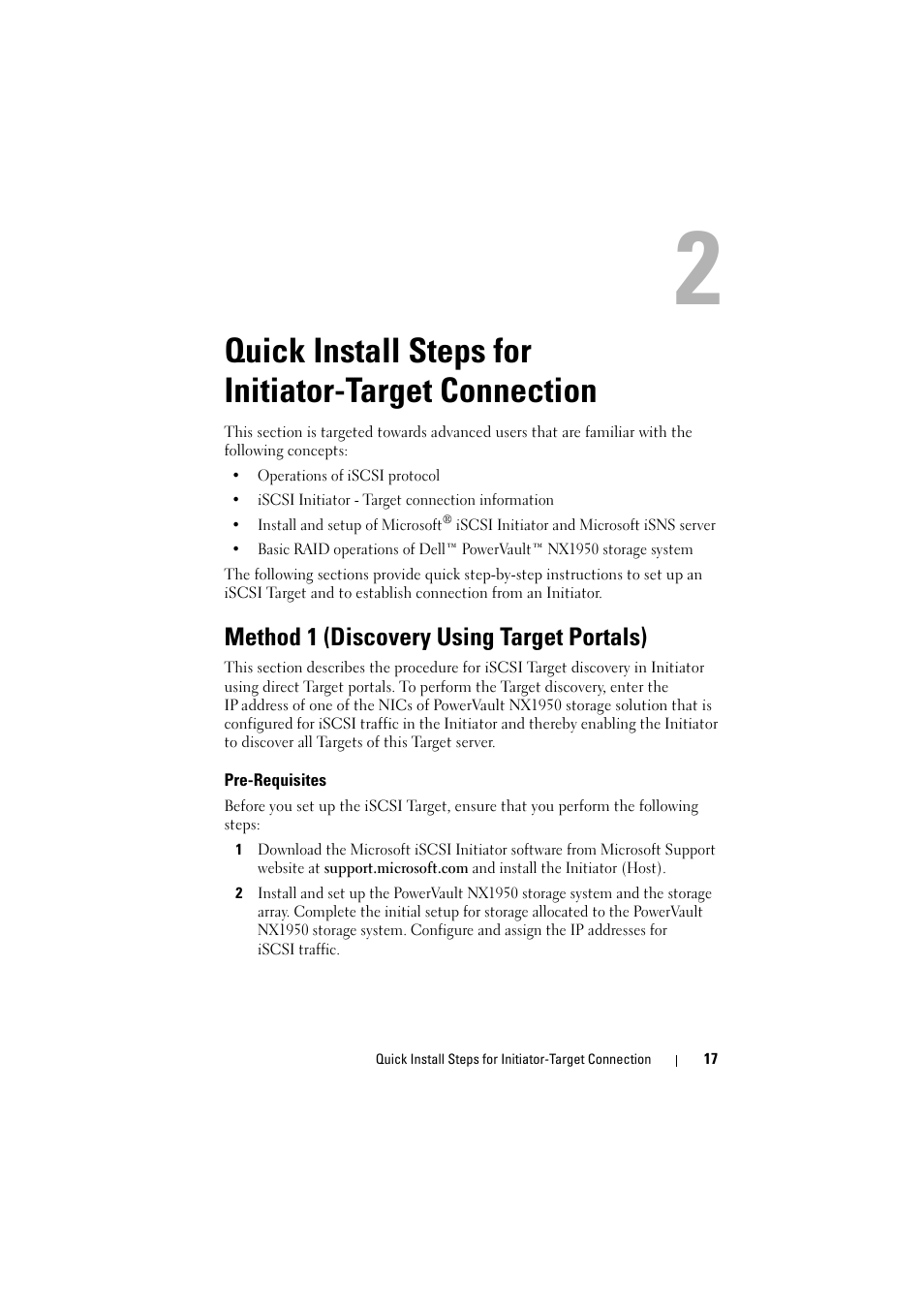 Method 1 (discovery using target portals), Pre-requisites, Quick install steps for initiator-target | Connection | Dell PowerVault NX1950 User Manual | Page 17 / 70