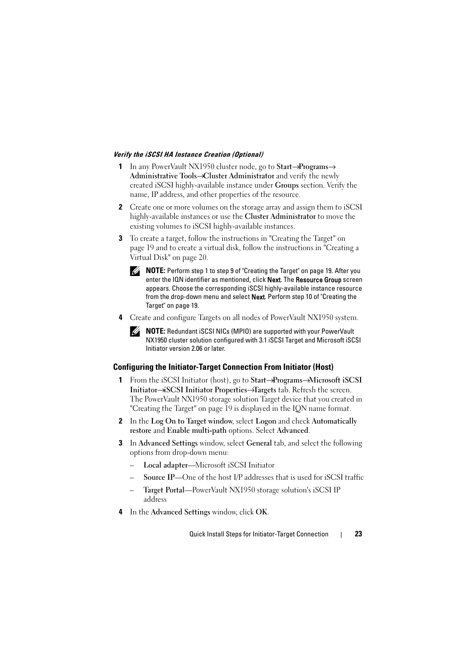 Configuring the initiator-target connection, From initiator (host) | Dell PowerVault NX1950 User Manual | Page 23 / 70