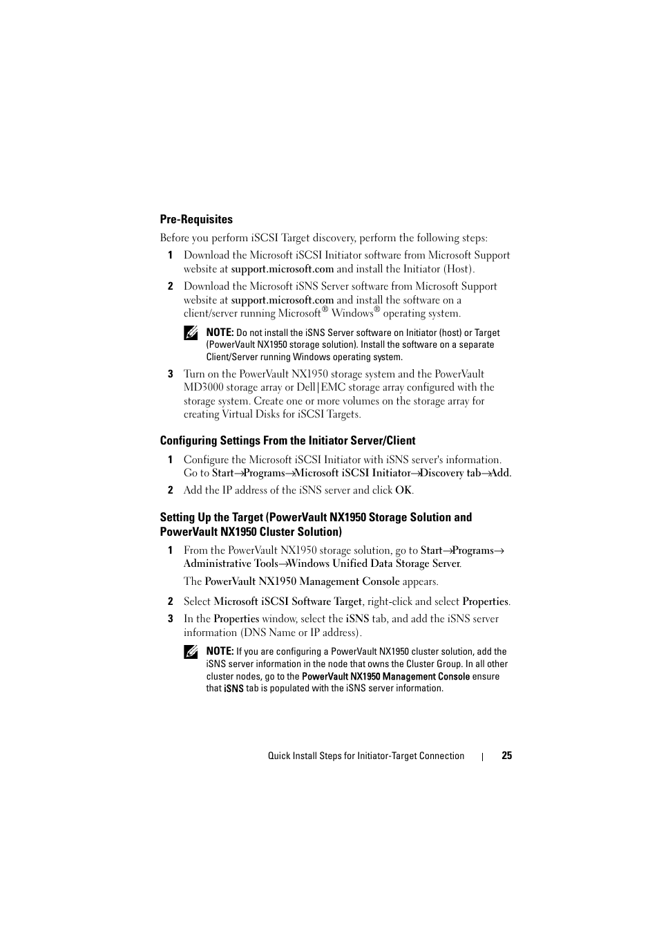 Pre-requisites, Configuring settings from the initiator, Server/client | Setting up the target (powervault nx1950, Storage solution and powervault nx1950, Cluster solution) | Dell PowerVault NX1950 User Manual | Page 25 / 70