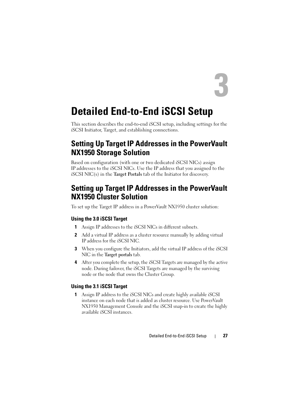 Detailed end-to-end iscsi setup, Using the 3.0 iscsi target, Using the 3.1 iscsi target | Dell PowerVault NX1950 User Manual | Page 27 / 70