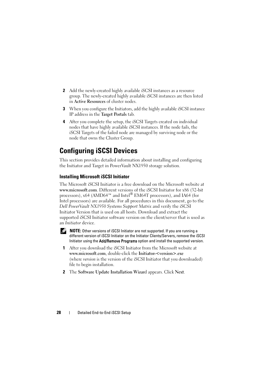 Configuring iscsi devices, Installing microsoft iscsi initiator | Dell PowerVault NX1950 User Manual | Page 28 / 70