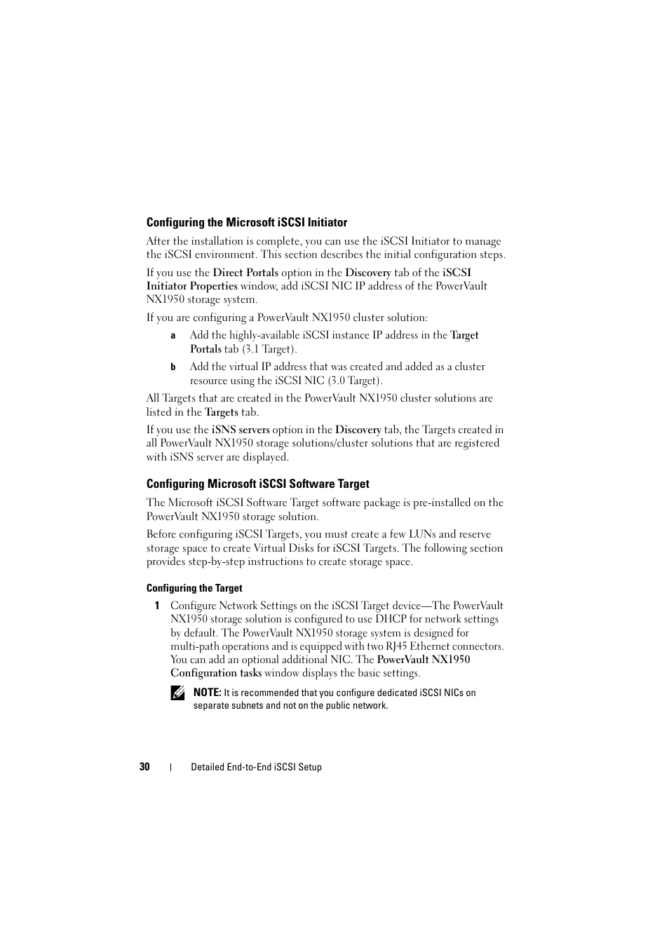 Configuring the microsoft iscsi initiator, Configuring microsoft iscsi software target, Configuring microsoft iscsi software | Target | Dell PowerVault NX1950 User Manual | Page 30 / 70