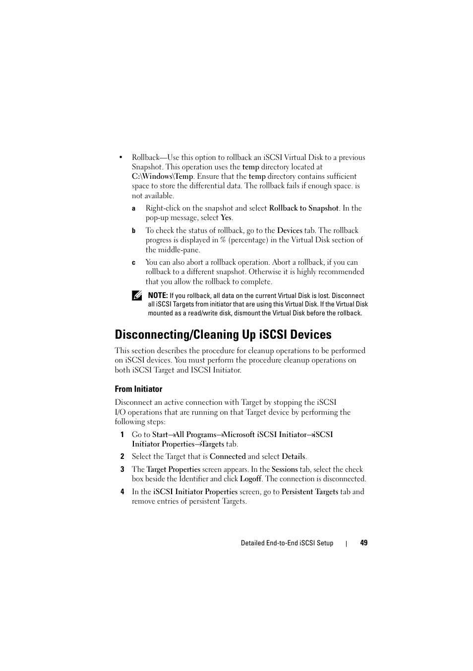 Disconnecting/cleaning up iscsi devices, From initiator | Dell PowerVault NX1950 User Manual | Page 49 / 70