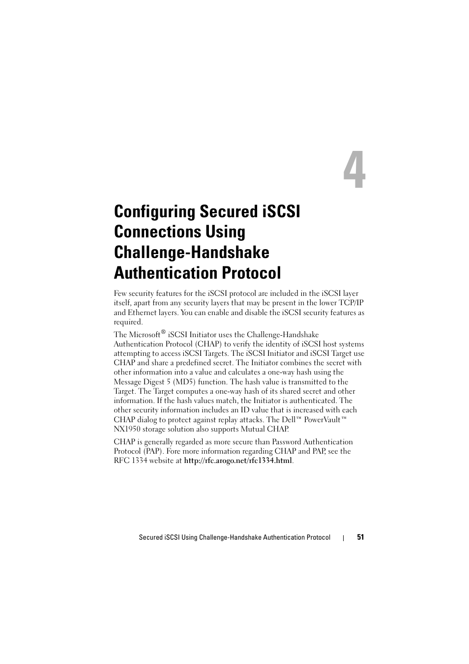 Configuring secured iscsi connections, Using challenge-handshake, Authentication protocol | Dell PowerVault NX1950 User Manual | Page 51 / 70