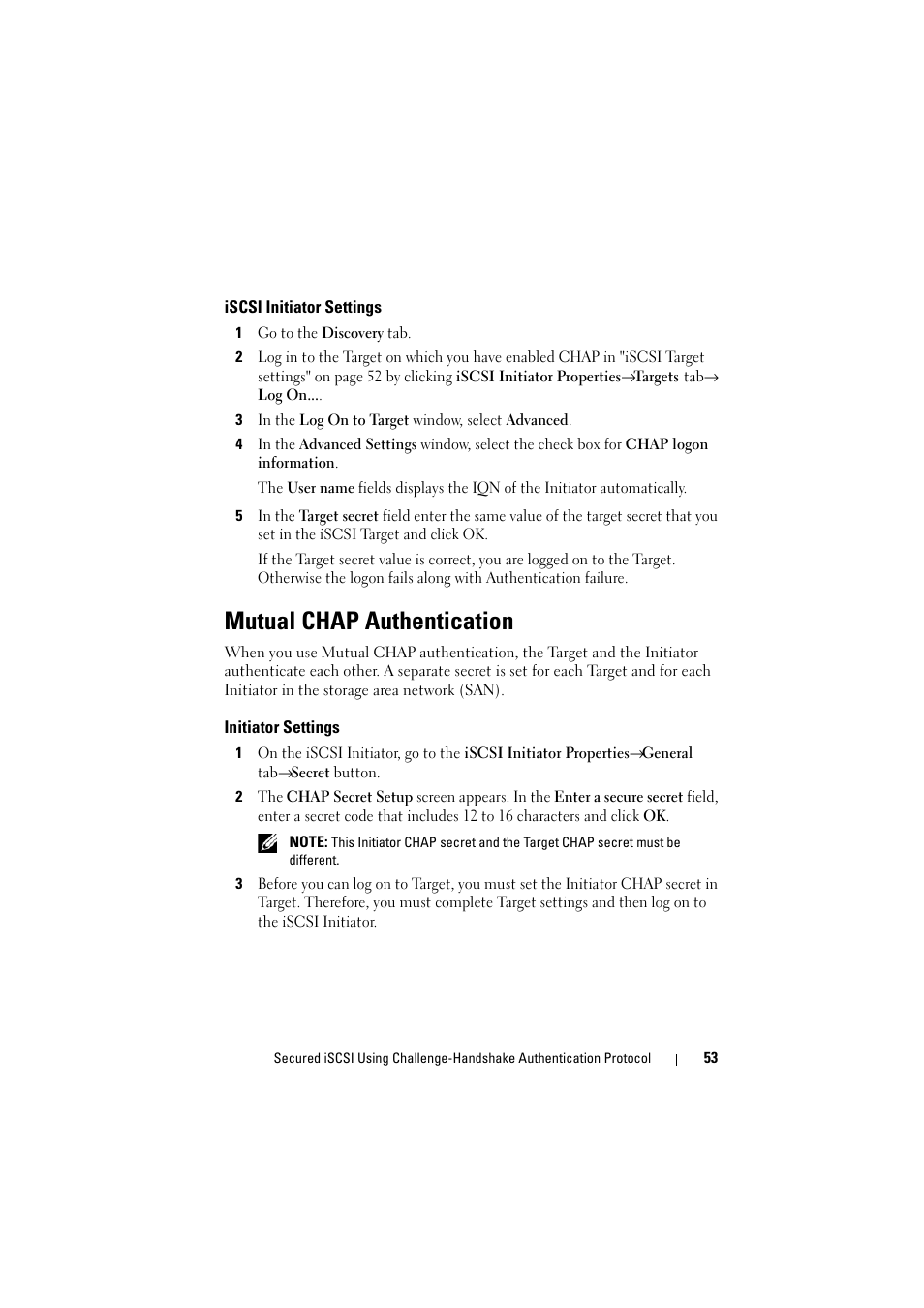 Iscsi initiator settings, Mutual chap authentication, Initiator settings | Dell PowerVault NX1950 User Manual | Page 53 / 70
