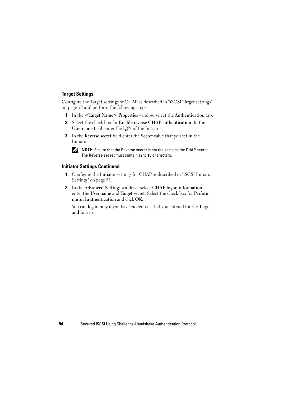 Target settings, Initiator settings continued | Dell PowerVault NX1950 User Manual | Page 54 / 70