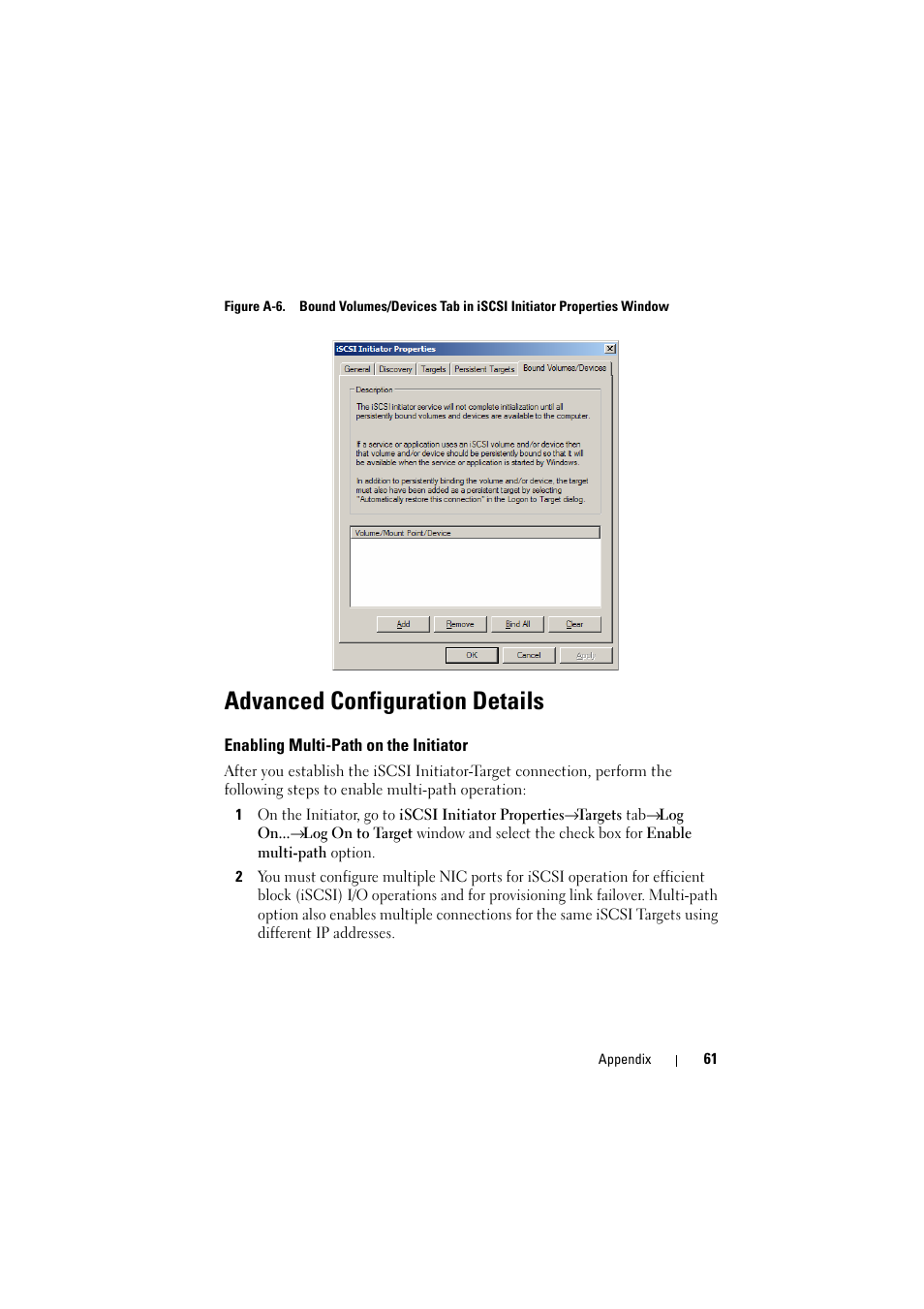 Advanced configuration details, Enabling multi-path on the initiator, See "enabling multi-path on the | Dell PowerVault NX1950 User Manual | Page 61 / 70