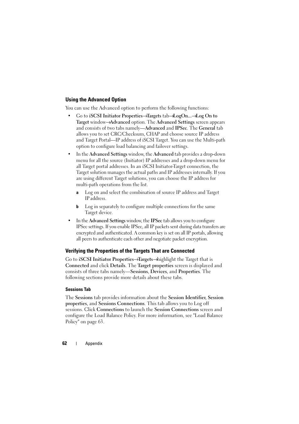 Using the advanced option, Verifying the properties of the targets, That are connected | Dell PowerVault NX1950 User Manual | Page 62 / 70