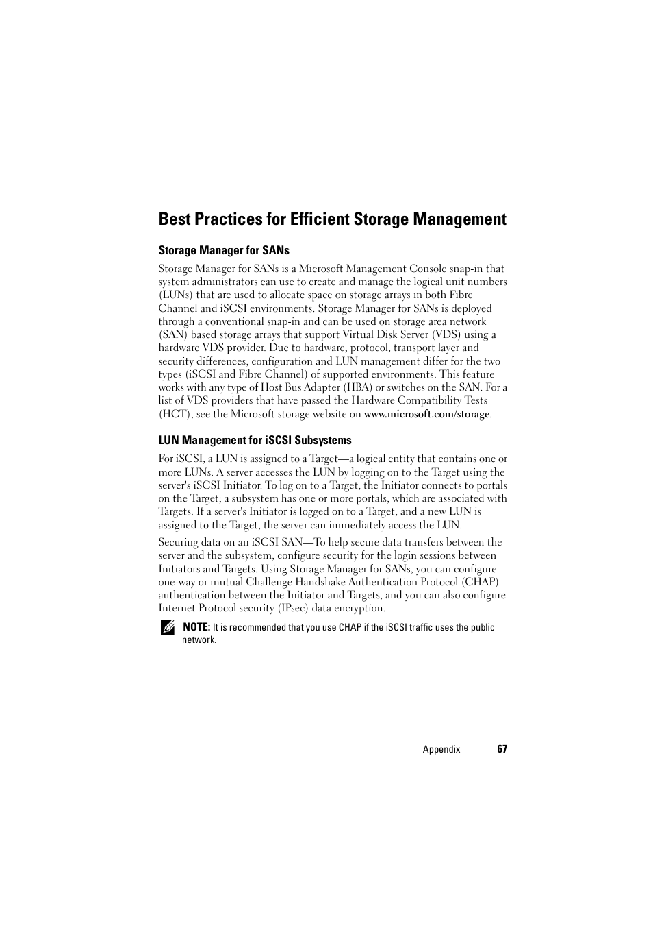 Best practices for efficient storage management, Storage manager for sans, Lun management for iscsi subsystems | Dell PowerVault NX1950 User Manual | Page 67 / 70