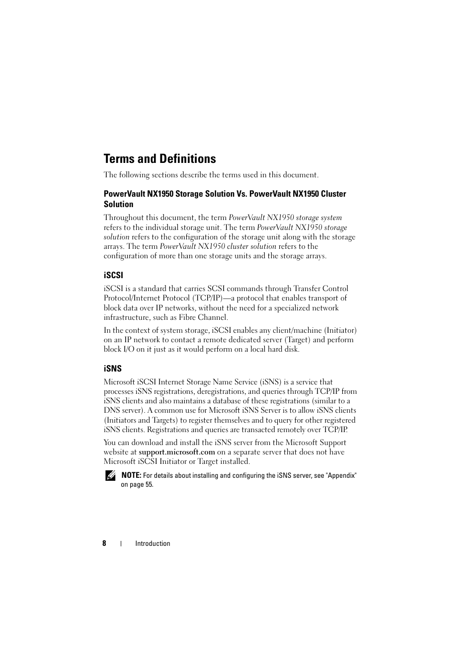 Terms and definitions, Iscsi, Isns | Powervault nx1950 storage solution vs, Powervault nx1950 cluster solution | Dell PowerVault NX1950 User Manual | Page 8 / 70