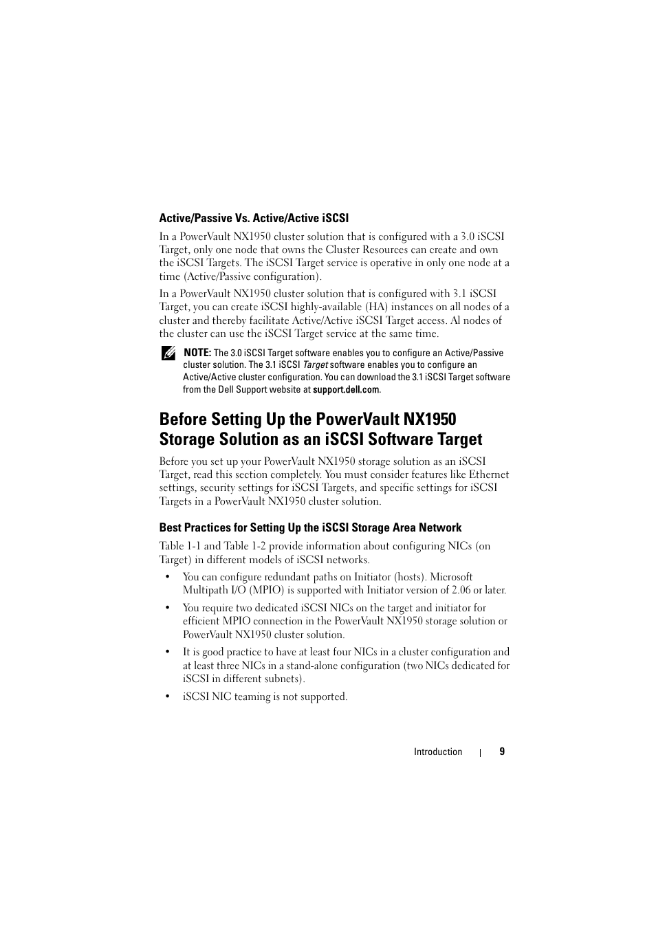 Active/passive vs. active/active iscsi, Best practices for setting up the iscsi storage, Area network | Dell PowerVault NX1950 User Manual | Page 9 / 70