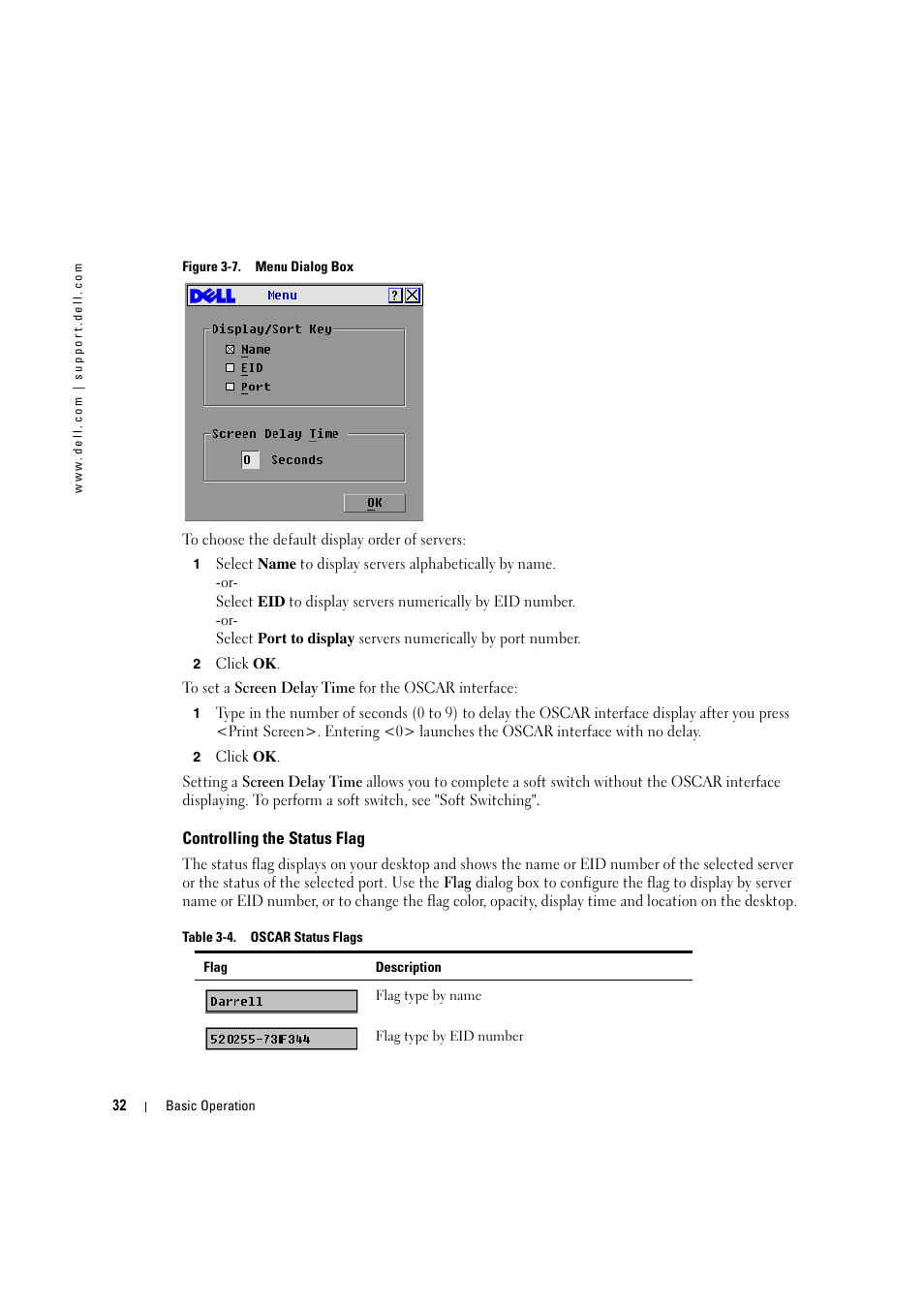 Controlling the status flag, Figure 3-7, Menu dialog box | Table 3-4, Oscar status flags | Dell KVM 2160AS User Manual | Page 32 / 60