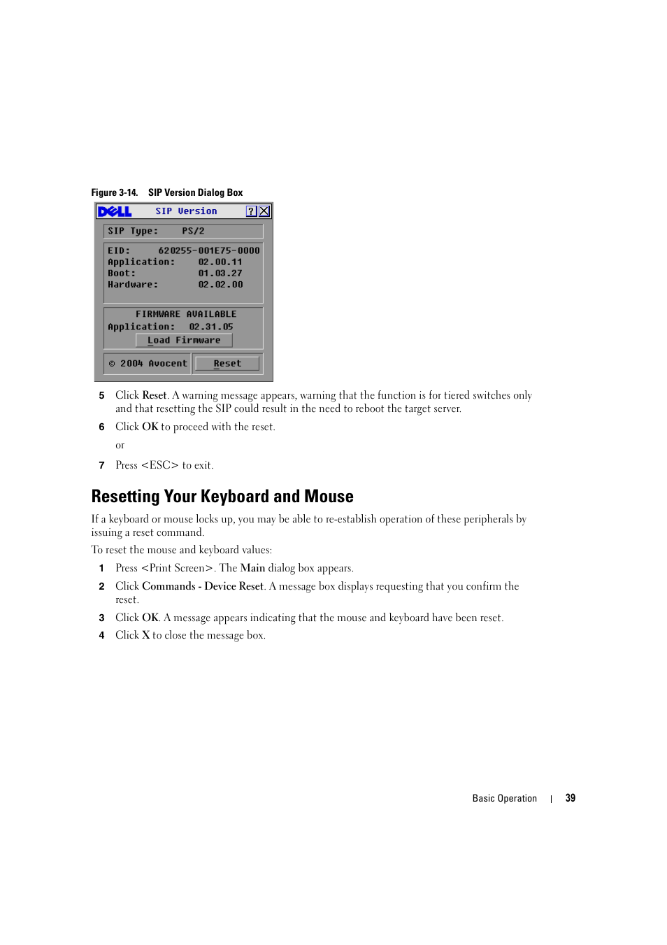 Resetting your keyboard and mouse, Figure 3-14, Sip version dialog box | Dell KVM 2160AS User Manual | Page 39 / 60