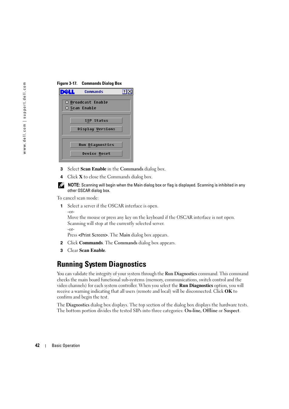 Running system diagnostics, Figure 3-17, Commands dialog box | Dell KVM 2160AS User Manual | Page 42 / 60