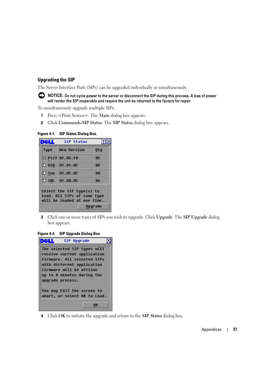 Upgrading the sip, Figure 4-1, Sip status dialog box | Figure 4-2, Sip upgrade dialog box | Dell KVM 2160AS User Manual | Page 51 / 60