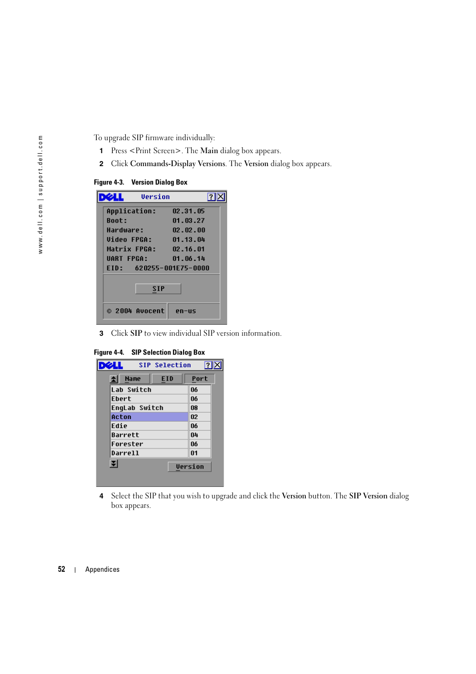 Figure 4-3, Version dialog box, Figure 4-4 | Sip selection dialog box | Dell KVM 2160AS User Manual | Page 52 / 60