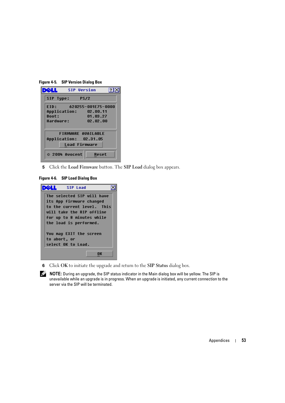 Figure 4-5, Sip version dialog box, Figure 4-6 | Sip load dialog box | Dell KVM 2160AS User Manual | Page 53 / 60