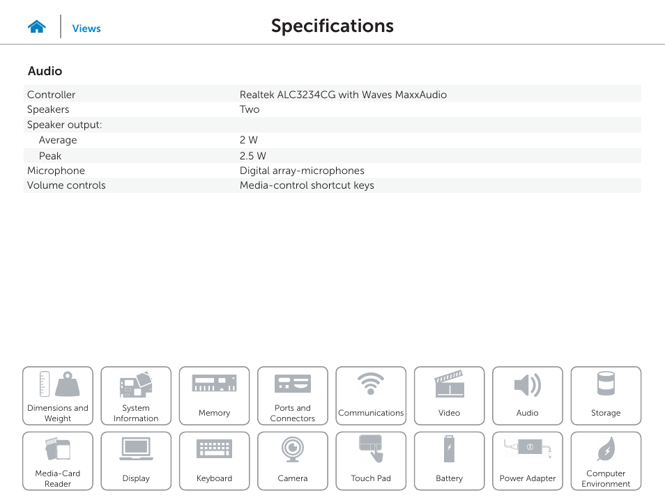 Audio, Specifications | Dell Inspiron 15 (5548, Early 2015) User Manual | Page 13 / 22