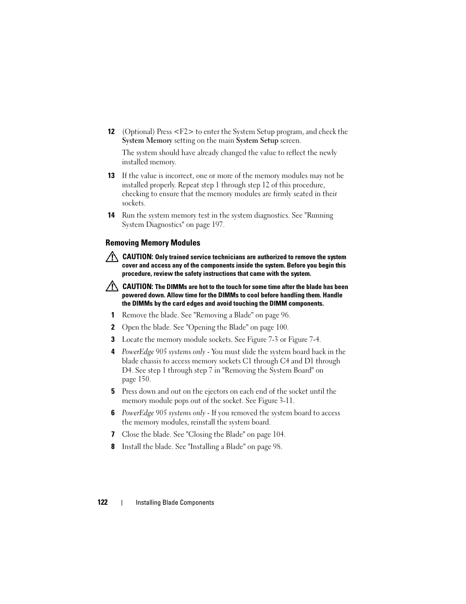 Removing memory modules | Dell PowerEdge M600 User Manual | Page 122 / 236