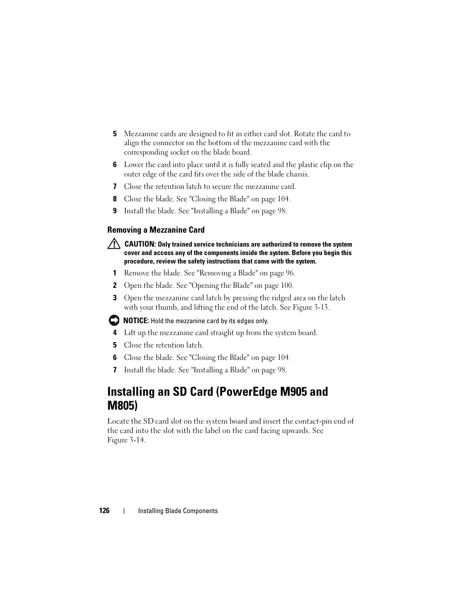 Removing a mezzanine card, Installing an sd card (poweredge m905 and m805) | Dell PowerEdge M600 User Manual | Page 126 / 236