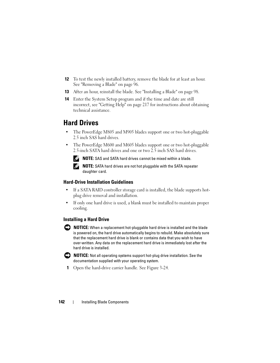 Hard drives, Hard-drive installation guidelines, Installing a hard drive | Dell PowerEdge M600 User Manual | Page 142 / 236