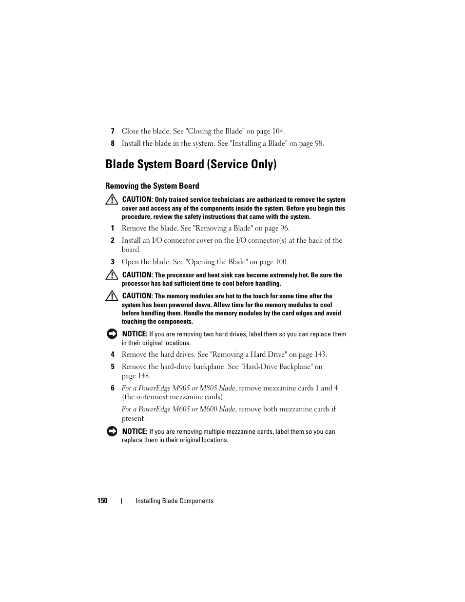 Blade system board (service only), Removing the system board, D4. see step 1 | Dell PowerEdge M600 User Manual | Page 150 / 236