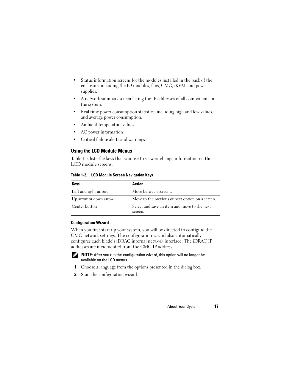 Using the lcd module menus | Dell PowerEdge M600 User Manual | Page 17 / 236