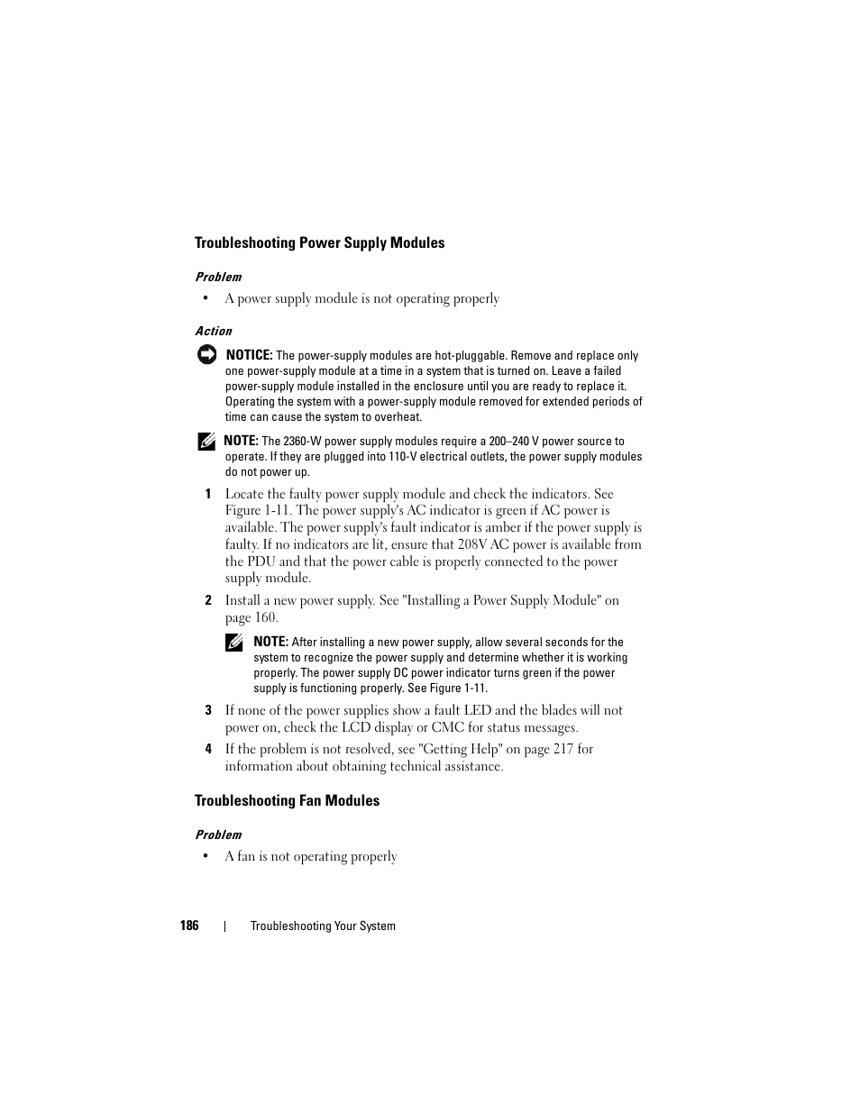 Troubleshooting power supply modules, Troubleshooting fan modules | Dell PowerEdge M600 User Manual | Page 186 / 236