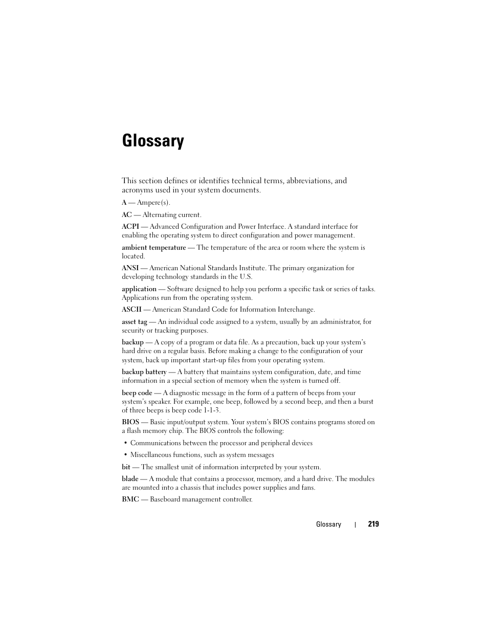 Glossary, Glossary 219 | Dell PowerEdge M600 User Manual | Page 219 / 236