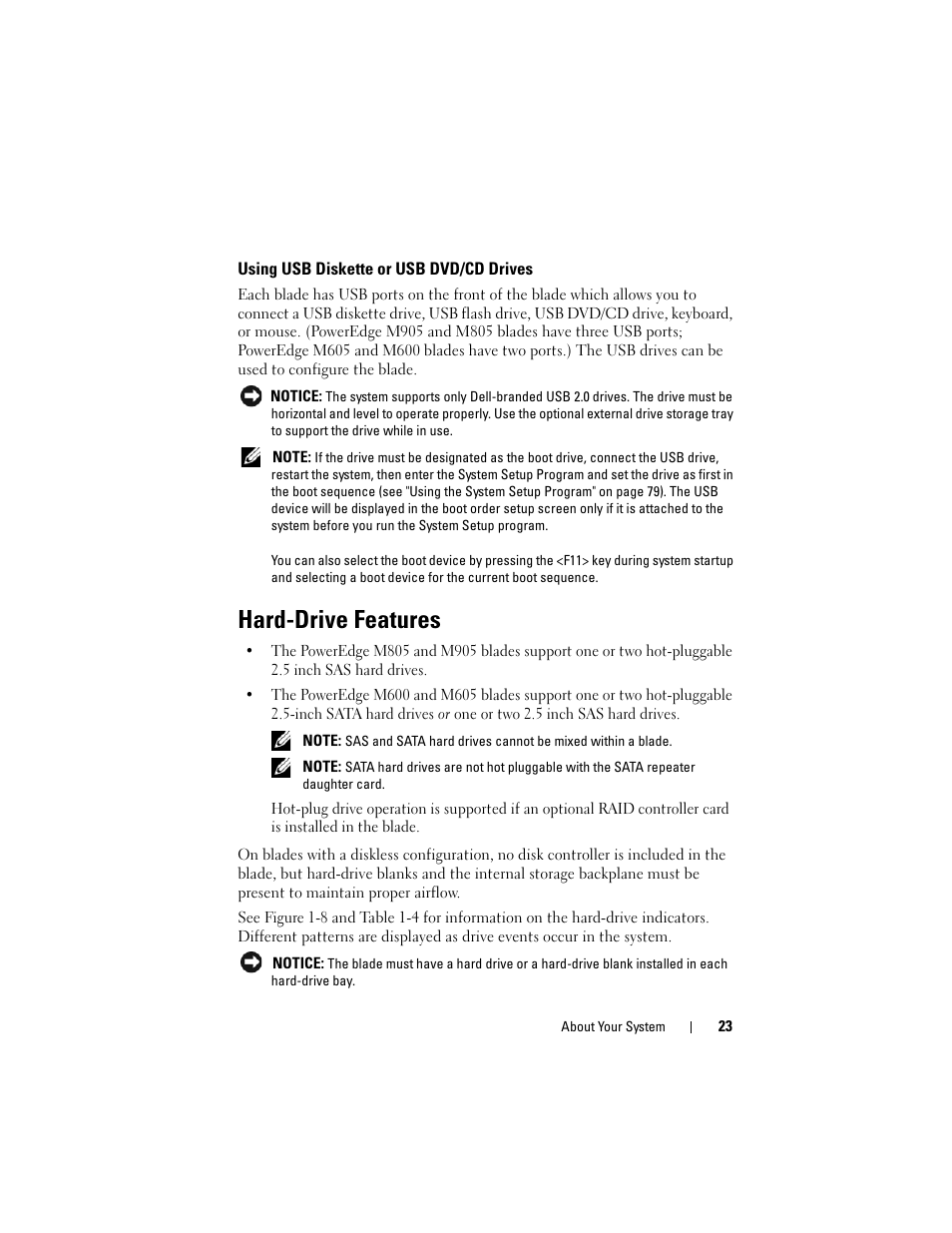 Using usb diskette or usb dvd/cd drives, Hard-drive features | Dell PowerEdge M600 User Manual | Page 23 / 236