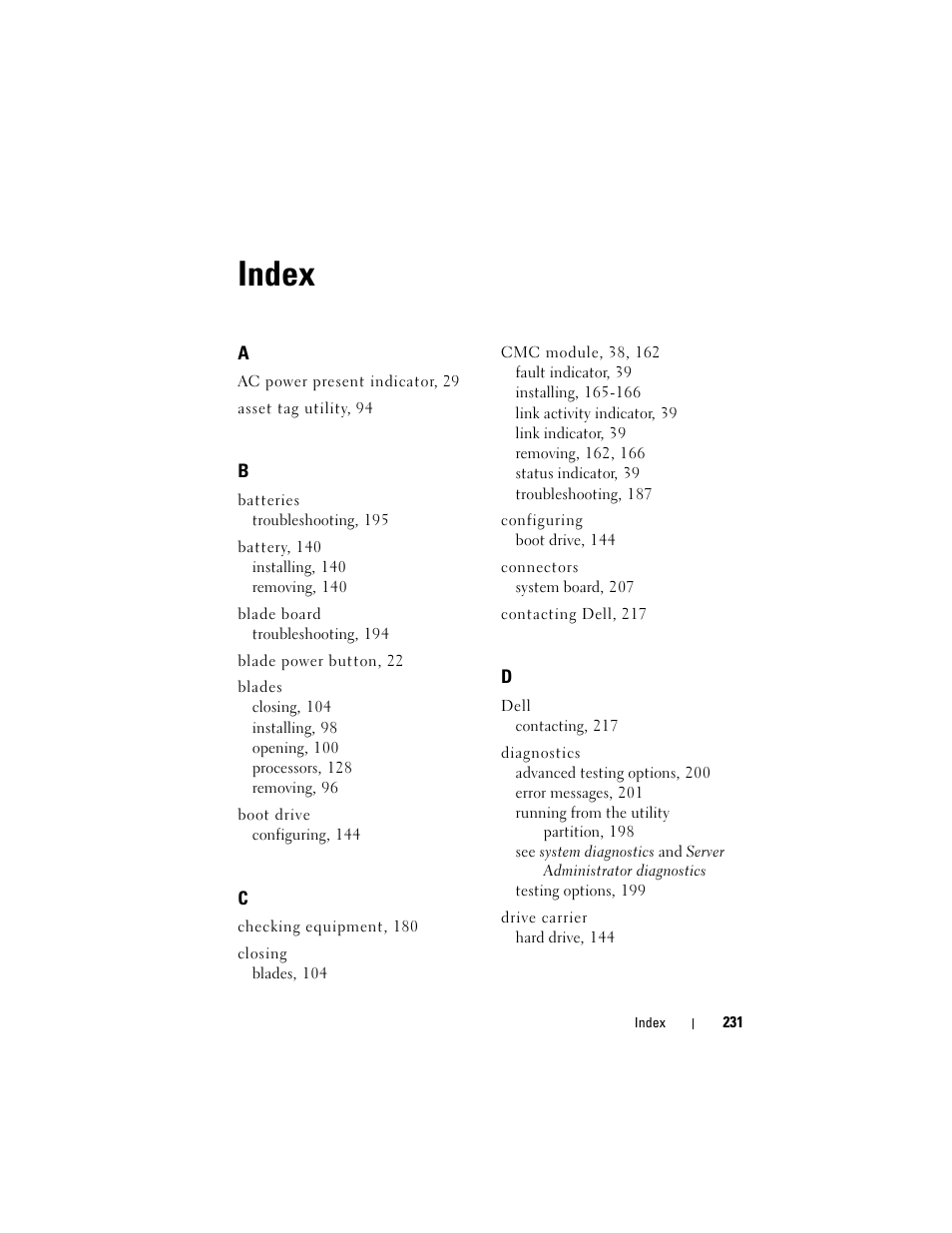 Index | Dell PowerEdge M600 User Manual | Page 231 / 236