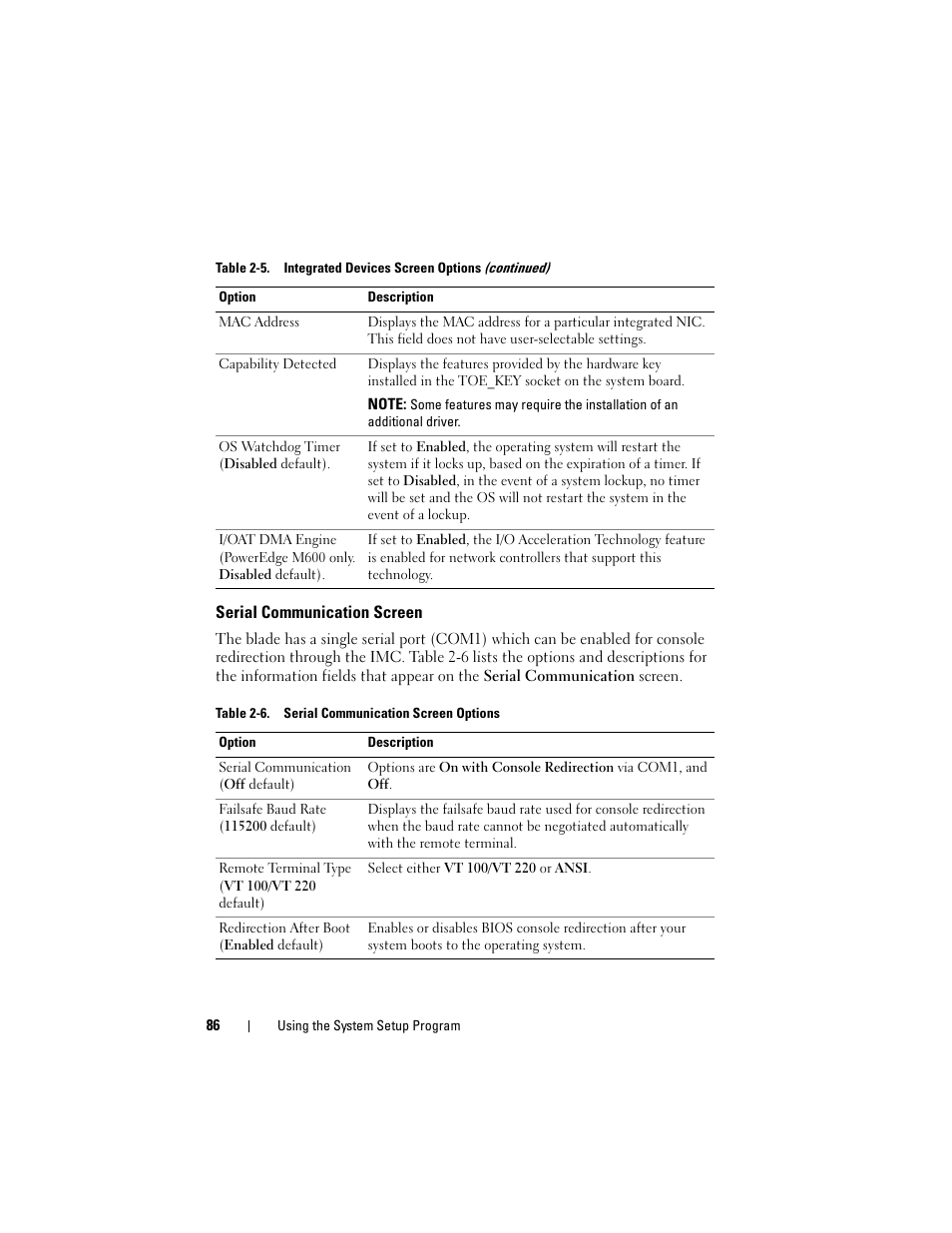 Serial communication screen | Dell PowerEdge M600 User Manual | Page 86 / 236