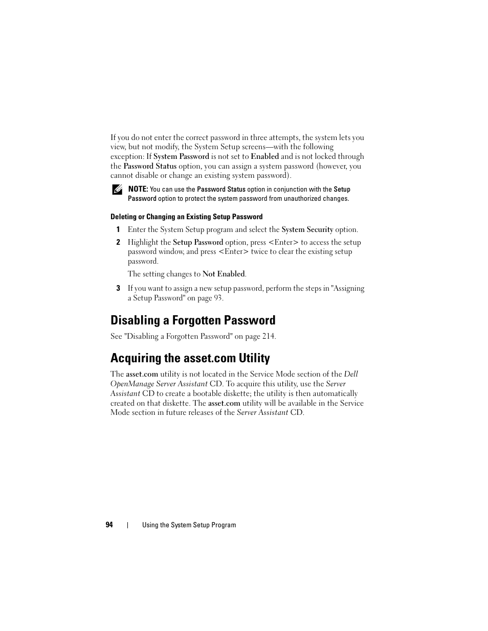 Disabling a forgotten password, Acquiring the asset.com utility | Dell PowerEdge M600 User Manual | Page 94 / 236