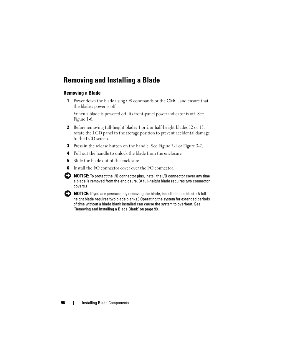 Removing and installing a blade, Removing a blade | Dell PowerEdge M600 User Manual | Page 96 / 236