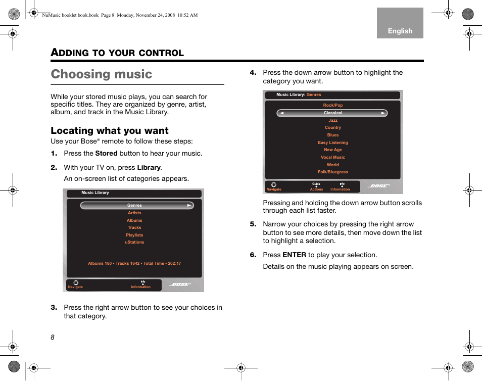 Dding, Your, Control | Choosing music, Locating what you want | Bose uMusic + AM314482 User Manual | Page 10 / 32