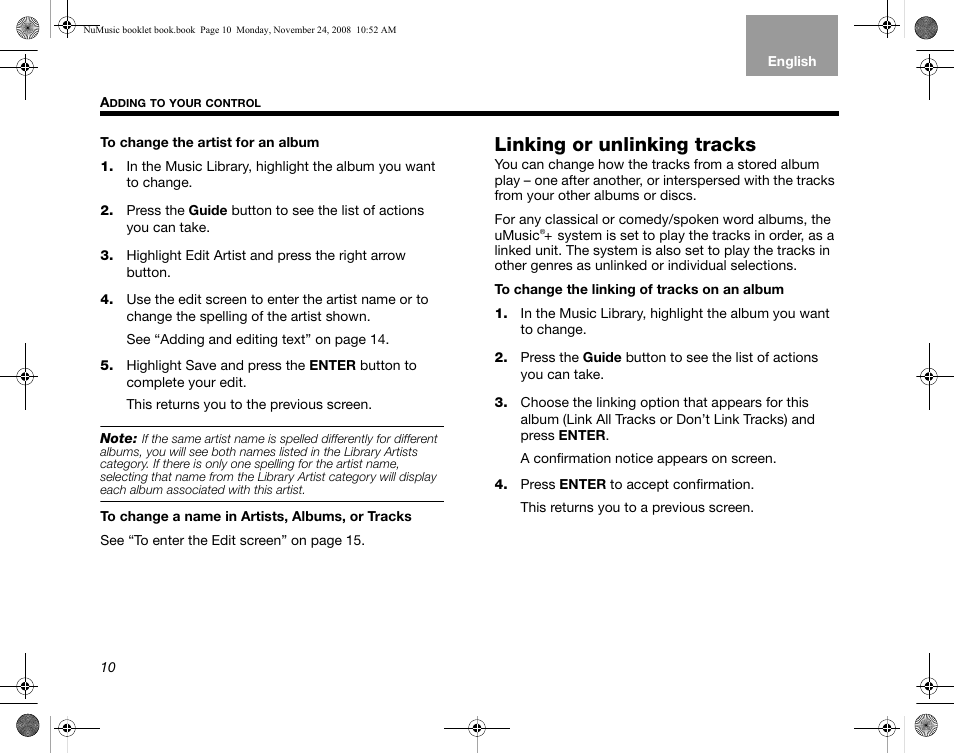 Linking or unlinking tracks | Bose uMusic + AM314482 User Manual | Page 12 / 32