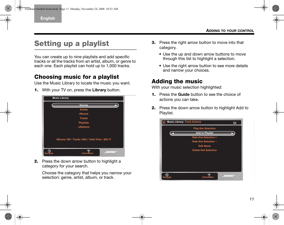 Setting up a playlist, Choosing music for a playlist, Adding the music | Bose uMusic + AM314482 User Manual | Page 13 / 32