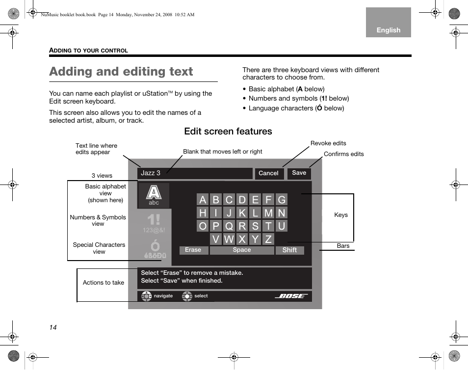 Adding and editing text, Edit screen features | Bose uMusic + AM314482 User Manual | Page 16 / 32