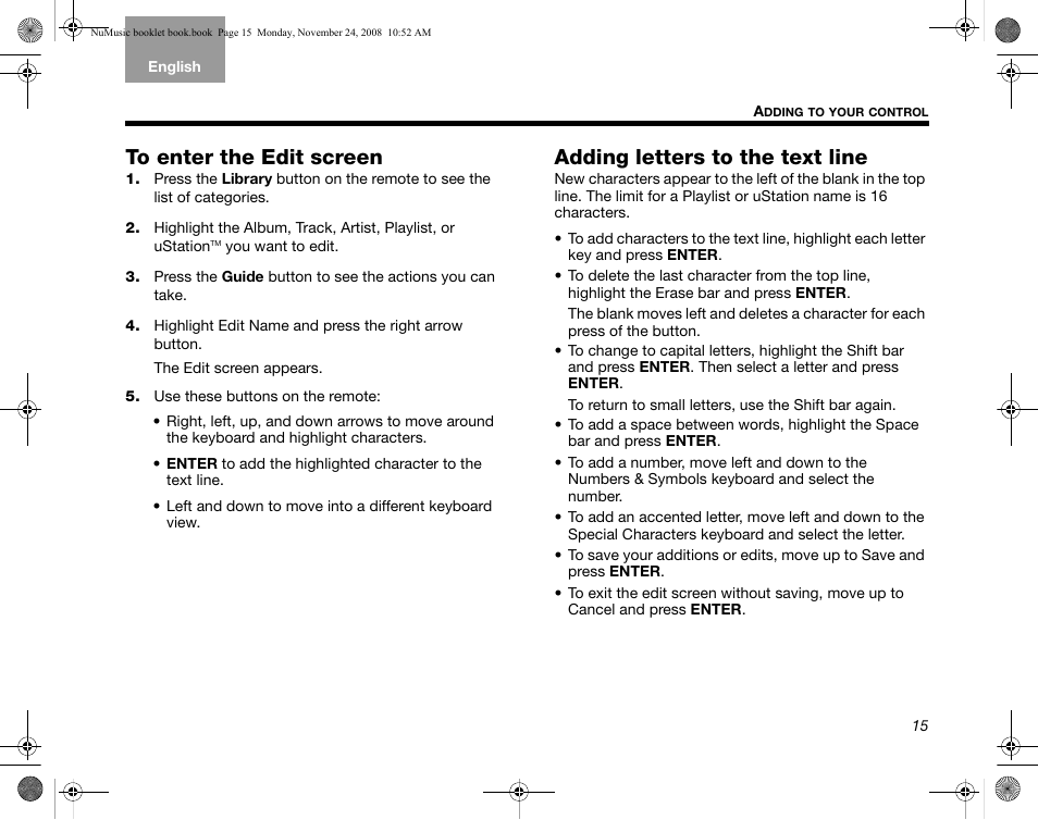 To enter the edit screen, Adding letters to the text line | Bose uMusic + AM314482 User Manual | Page 17 / 32