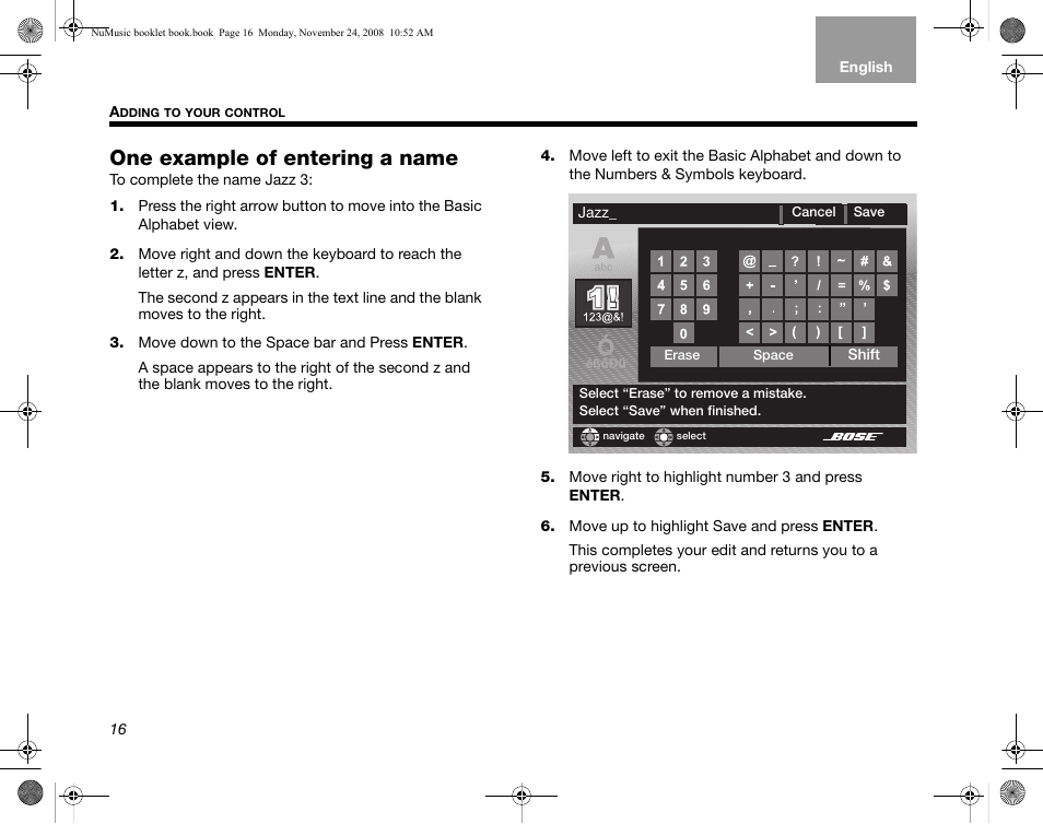 One example of entering a name | Bose uMusic + AM314482 User Manual | Page 18 / 32