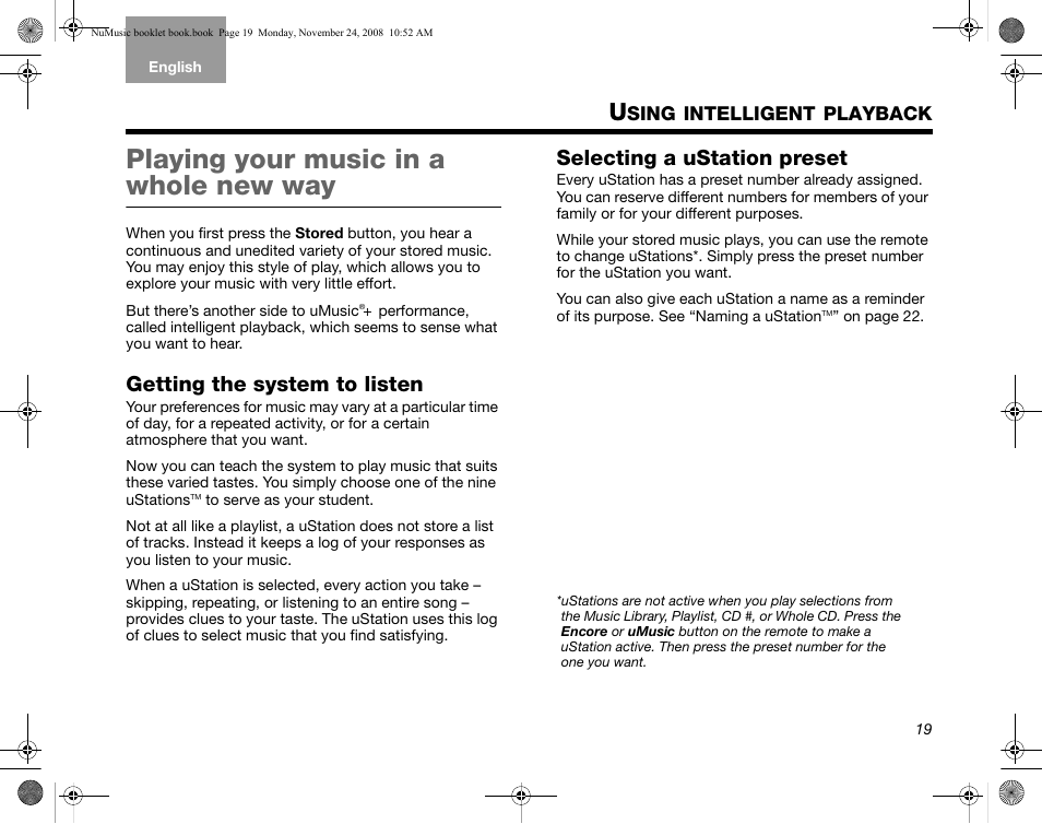 Sing, Intelligent, Playback | Playing your music in a whole new way, Getting the system to listen, Selecting a ustation preset | Bose uMusic + AM314482 User Manual | Page 21 / 32