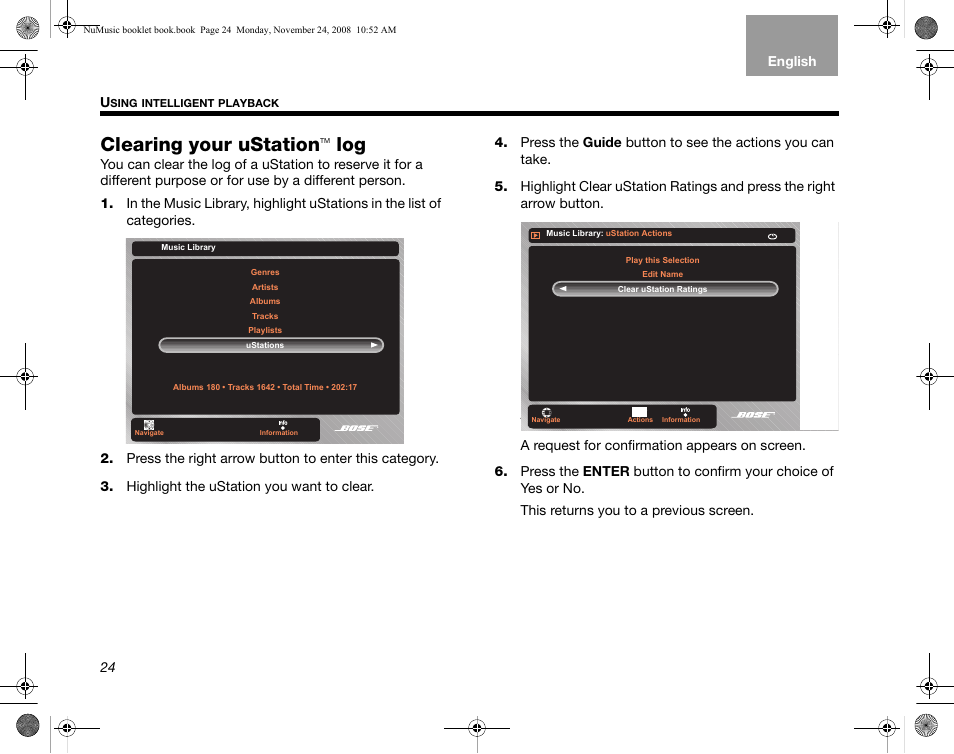 Clearing your ustation log, R to “clearing your ustation, Clearing your ustation | Bose uMusic + AM314482 User Manual | Page 26 / 32