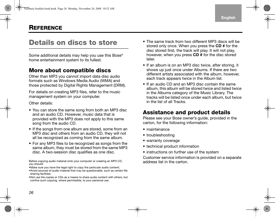 Eference, More about compatible discs, Assistance and product details | Urther, Opportunities, Details on discs to store | Bose uMusic + AM314482 User Manual | Page 28 / 32