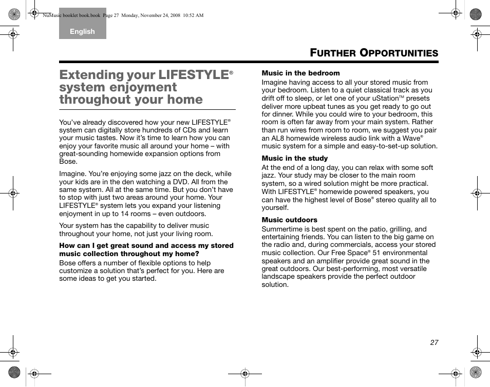 Extending your lifestyle, System enjoyment throughout your home, Urther | Pportunities | Bose uMusic + AM314482 User Manual | Page 29 / 32