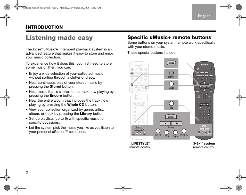 Listening made easy, Specific umusic+ remote buttons, Ntroduction | Bose uMusic + AM314482 User Manual | Page 4 / 32