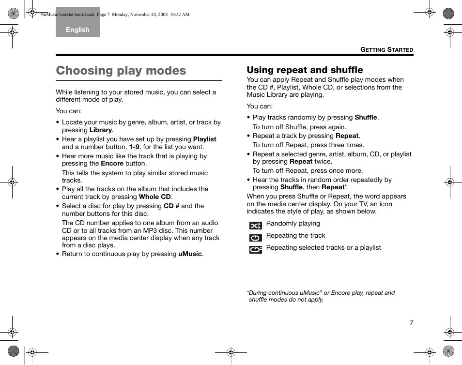 Choosing play modes, Using repeat and shuffle | Bose uMusic + AM314482 User Manual | Page 9 / 32