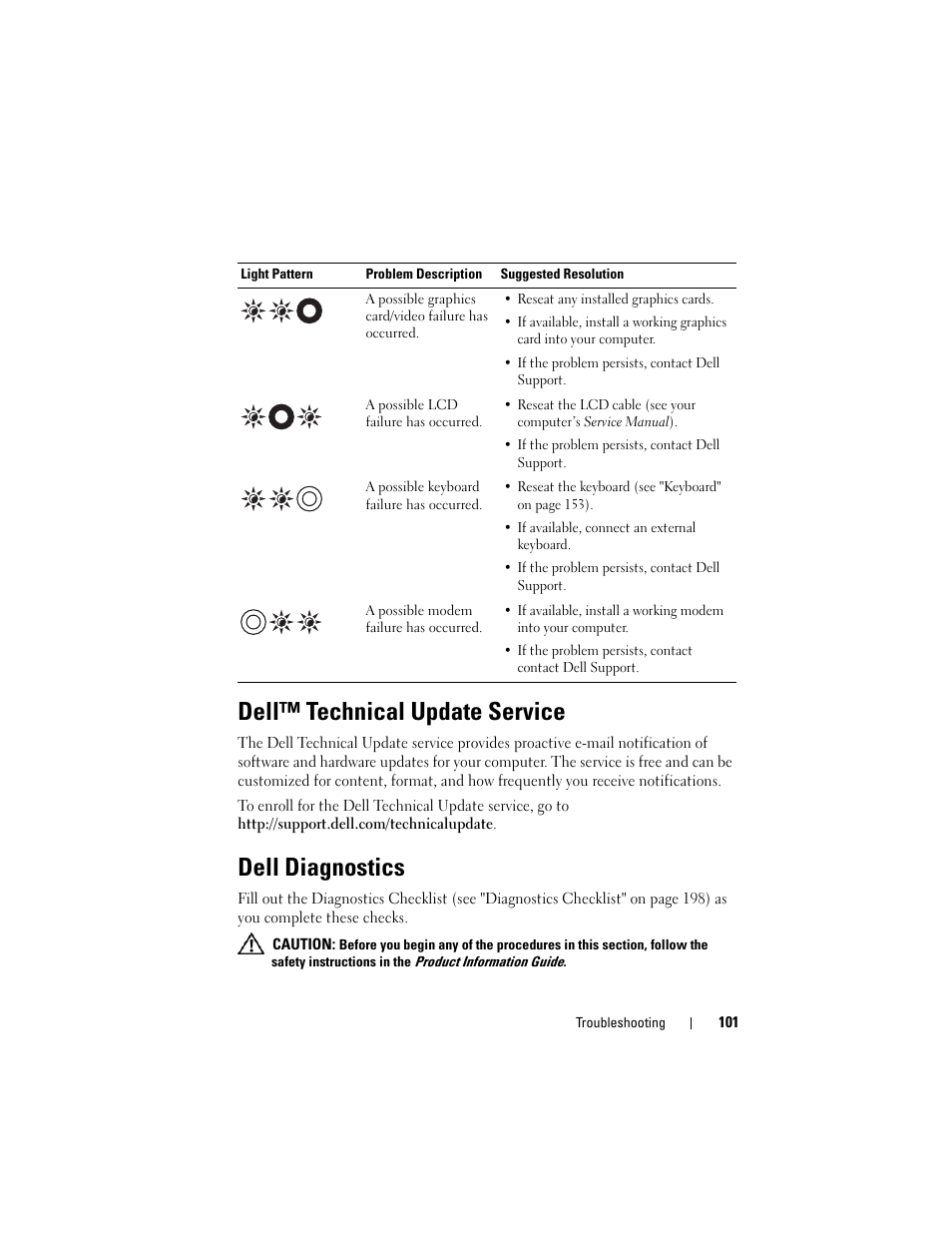 Dell™ technical update service, Dell diagnostics | Dell Latitude D630C (Late 2008) User Manual | Page 101 / 218