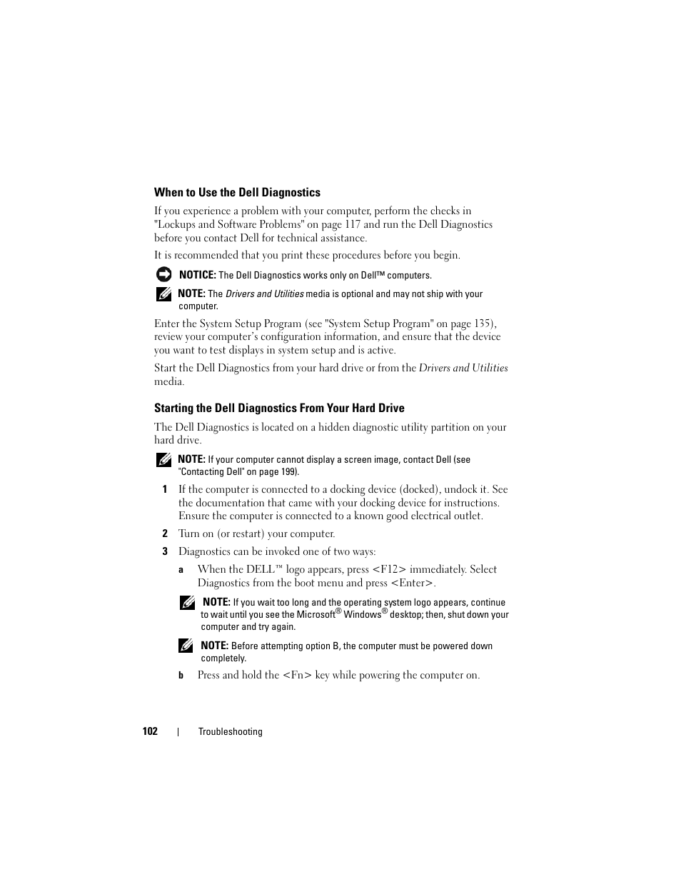 When to use the dell diagnostics, Starting the dell diagnostics from your hard drive | Dell Latitude D630C (Late 2008) User Manual | Page 102 / 218