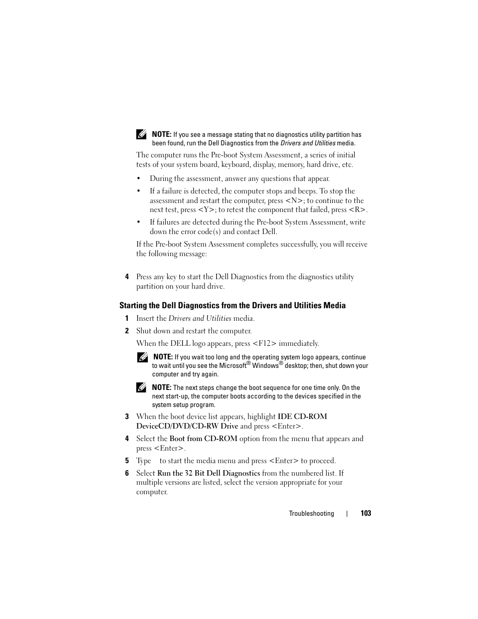 Starting the dell diagnostics from the, Drivers and utilities media | Dell Latitude D630C (Late 2008) User Manual | Page 103 / 218