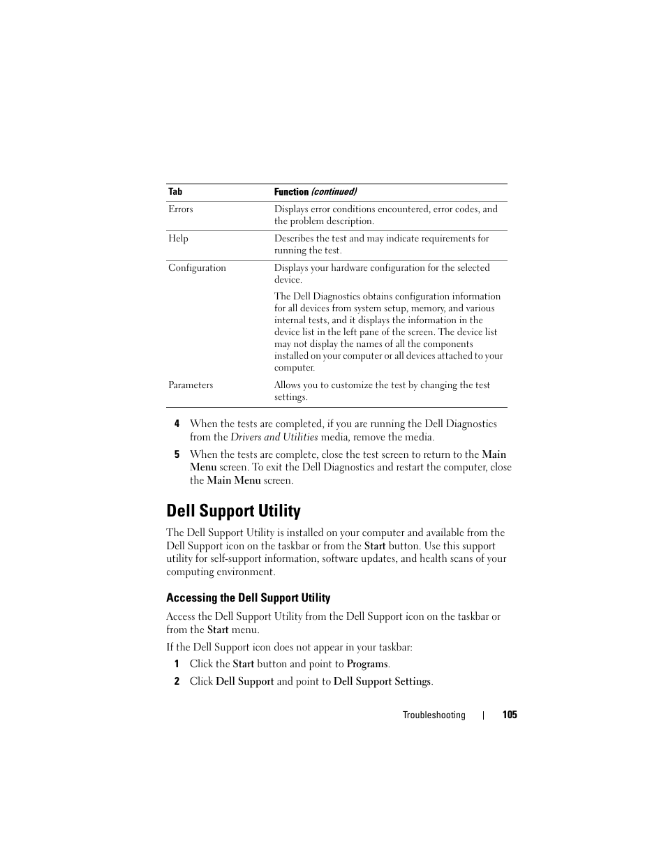 Dell support utility, Accessing the dell support utility | Dell Latitude D630C (Late 2008) User Manual | Page 105 / 218